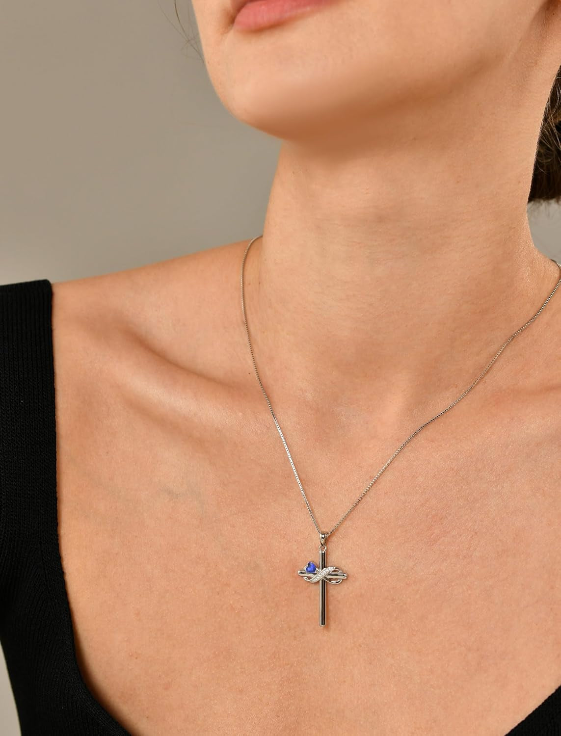 Infinity Cross Necklace Sterling Silver Crucifix Pendant Heart Birthstone Criss Jewelry for Women