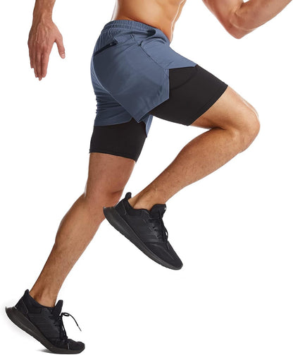 Mens 2 in 1 Running Shorts Quick Dry Athletic Shorts with Liner, Workout Shorts with Zip Pockets and Towel Loop
