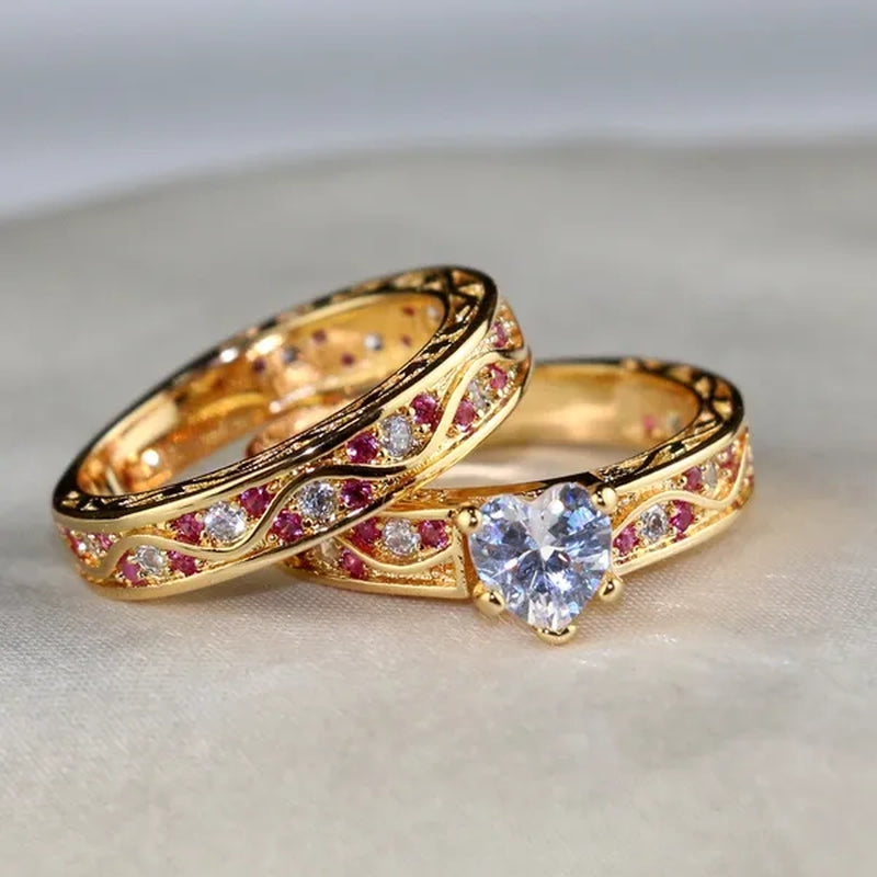 Sz 6-9 Cocktail Ring Champagne Gold Heart Zircon Ruby Women's Wedding Ring Engagement Ring Sets