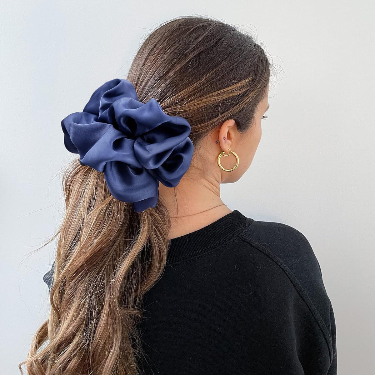 Big Real Silk Scrunchies for Women Large Scrunchie Satin Oversized Silk Thick Elastic Hair Ties Jumbo Hair Scrunchies 3 Pack (Black,Pink,Blue)