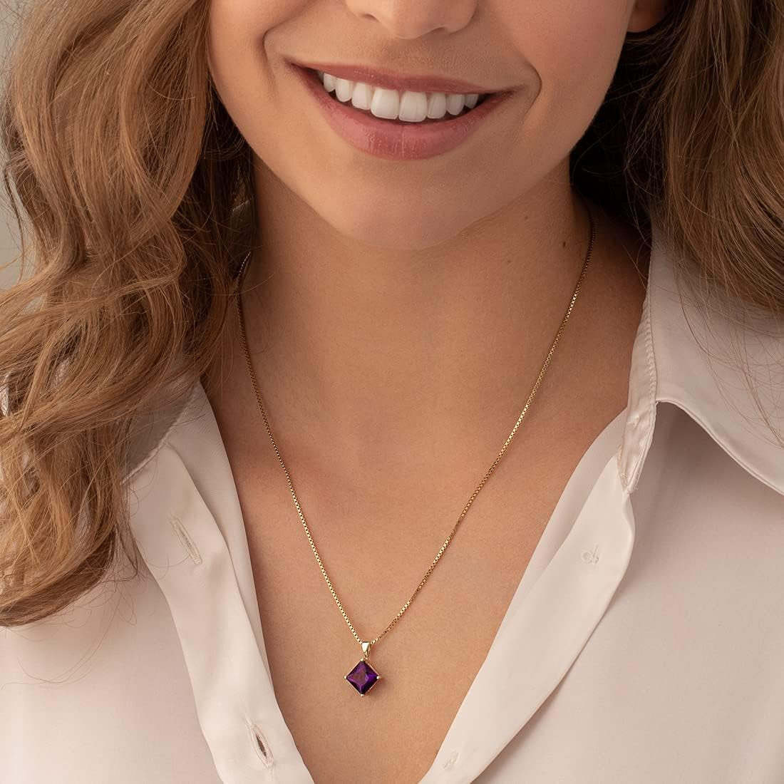 Solid 14K Yellow Amethyst Pendant for Women, 2 Carats Princess Cut 8Mm, Genuine Gemstone Solitaire, Real Amethyst Necklace, February Birthstone Necklace, for Jewelry Gift & Everyday Wear