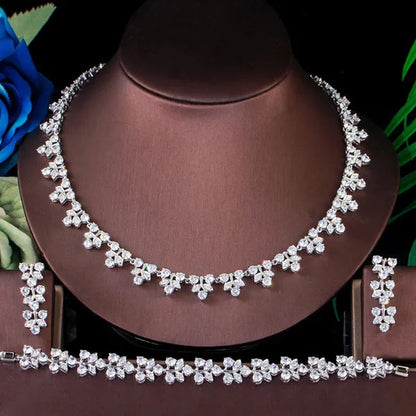 CANDICE Prom Party 3Pcs Jewelry Set Pave Blue Cubic Zircon Leaf Flower Charm Necklace Earrings and Bracelet for Ladies