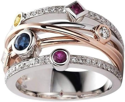 Sterling Silver Modern Eternity Ring with Sapphire, Ruby & Cubic Zirconia Stones in White, 10 round Stones, 0 Carats Total Diamond Weight, Prong Setting, Unisex Adult Engagement, Wedding Ring