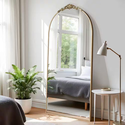 71 In.H X 32 In.W Modern Arch Removable Carved Flower Metal Framed Gold Full-Length Leaning Mirror