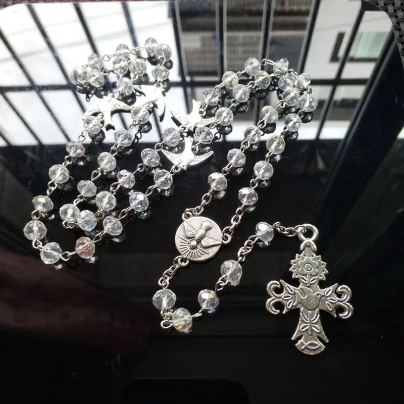 Rosary Necklace Holy Spirit Dove Medal Cross Pendant Crystal Prayer Beads Chain Catholic Jewelry Baptism Communion Gifts
