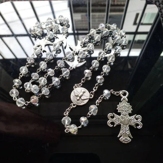 Rosary Necklace Holy Spirit Dove Medal Cross Pendant Crystal Prayer Beads Chain Catholic Jewelry Baptism Communion Gifts