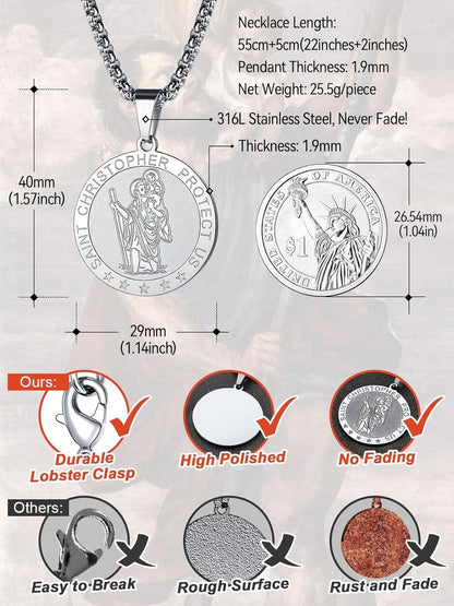 Saint Christopher Pendant Necklace for Men Women Stainless Steel Catholic Amulet Medal Jewelry Personalized Custom with Delicate Packaging