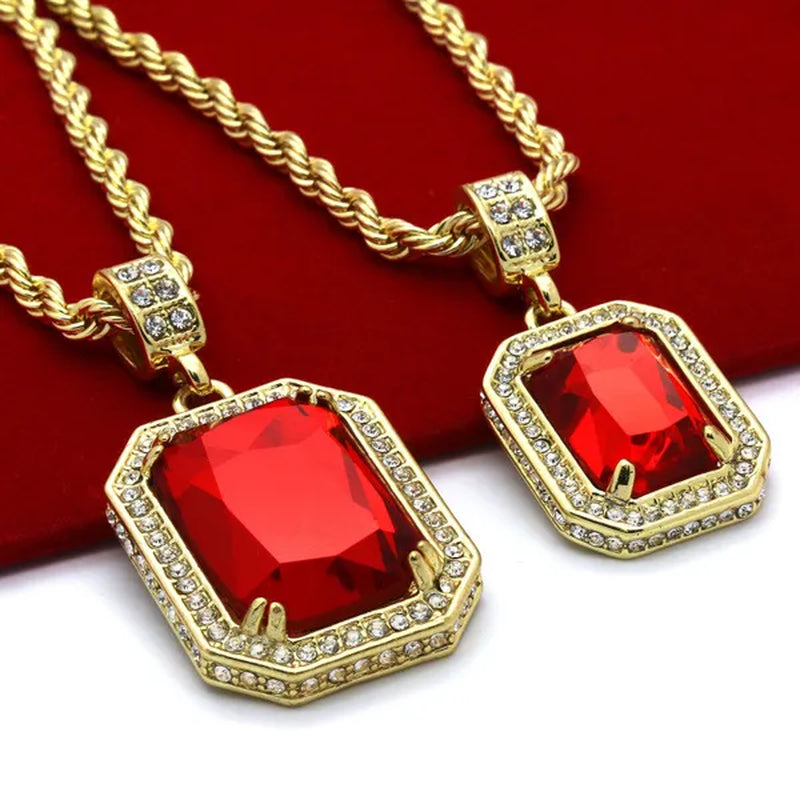 Men'S 14K Gold Plated High Fashion 2 Square Simulated Ruby Pendant 4Mm 30" & 24" Rope Chains Necklace