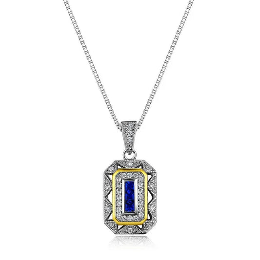 0.50 Ct Blue Sapphire White CZ 925 Sterling Silver Yellow Pendant Chain Necklace