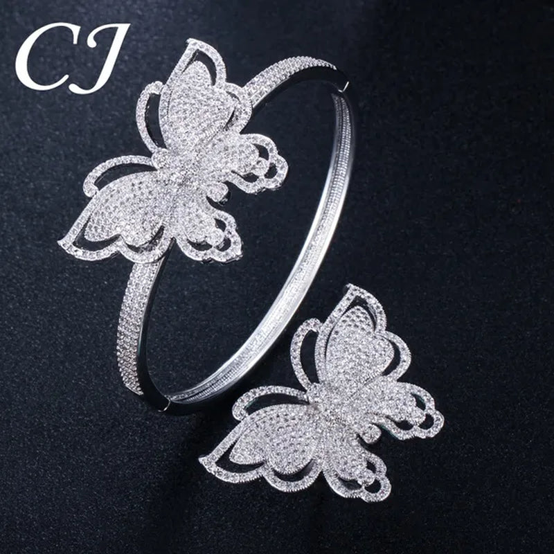 CANDICE High Quality Rose White Gold Plated Full Pave Tiny Crystal Stone Big Butterfly Shape Ring and Bangle Bracelet Party Jewelry Set for Women Christmas Gift