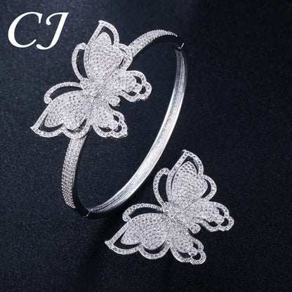 CANDICE High Quality Rose White Gold Plated Full Pave Tiny Crystal Stone Big Butterfly Shape Ring and Bangle Bracelet Party Jewelry Set for Women Christmas Gift
