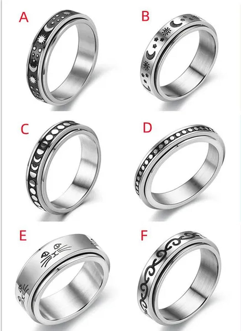 Couple Rings Rotatable Fidget Rings Stainless Steel Sun Moon Star Dot Waves Cat Pattern Spinner Ring Jewelry Gift for Women Men Boyfriend Girlfriend