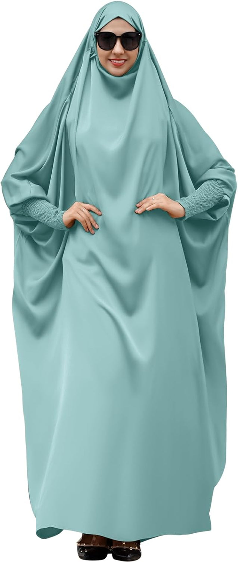 Muslim Abaya for Women One Piece Long Sleeve Islamic Prayer Dress with Hooded Hijab Maxi Kaftan Robe Modest Clothes