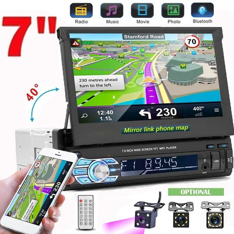 1DIN 7" HD Retractable Touch Screen Car Stereo Audio Bluetooth Car Radio Support Bluetooth/Usb/Aux/Fm/Am Mirrorlink+ SWC+ Rearview Camera (Optional)