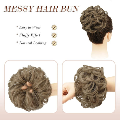 Messy Bun Hair Piece - Elastic Wavy Curly Hair Bun Scrunchies Extensions Synthetic Chignon Hairpieces for Women Girls, Dirty Brown 1 PCS