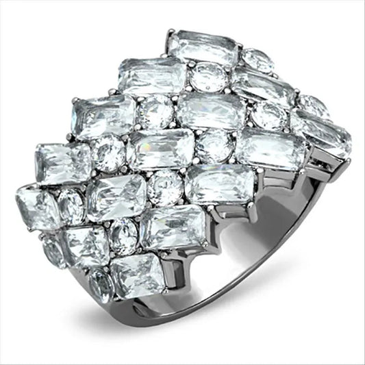 Stunning Silver Stainless Steel Wide Band Zirconia Fashion Ring Women's Size 5-10