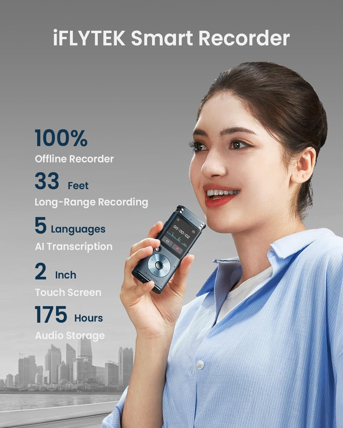 Offline Voice Recorder with Playback, Secure Digital Recorder with AI Transcription, 5-Language Voice-To-Text, Noise Reduction, AI Voice Recorder for Meetings, Interviews, Learning