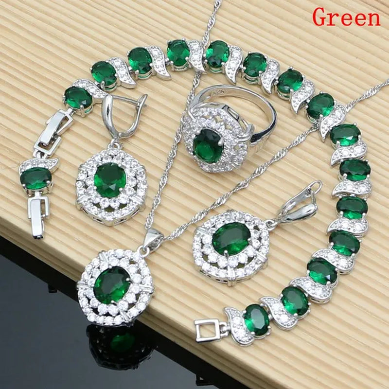 Oval 925 Silver Party Jewelry Sets blue sapphire White CZ Earrings Pendant Necklace Rings Bracelet Gift For Women