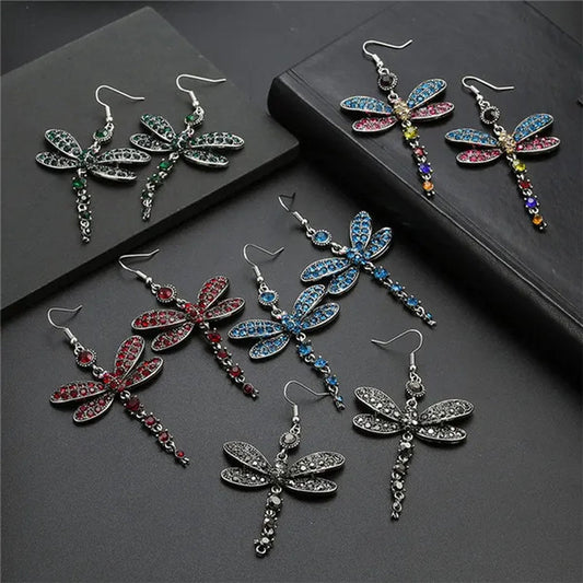 1 Pair Women'S Ethnic Style Tassel Dragonfly Earring Dragonfly Earrings with Tiny Rhinestones