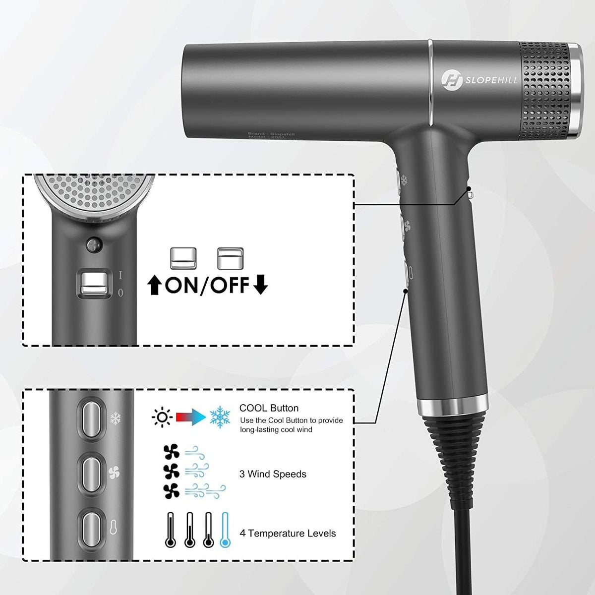 Hair Dryer with Unique Brushless Motor | Intelligent Fault Diagnosis | Innovative Microfilter | Oxy Active Technology | Led Display (Grey)