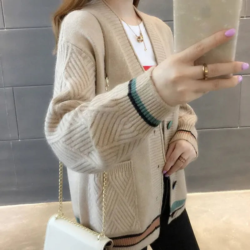 New Fashion Pull Femme Autumn and Winter Wool Pure Cashmere Sweater Cardigan Pullovers Long Sleeve Women Striped Stitching Color Knitted Cardigans Pullover Damen Jumper Outwear Coat
