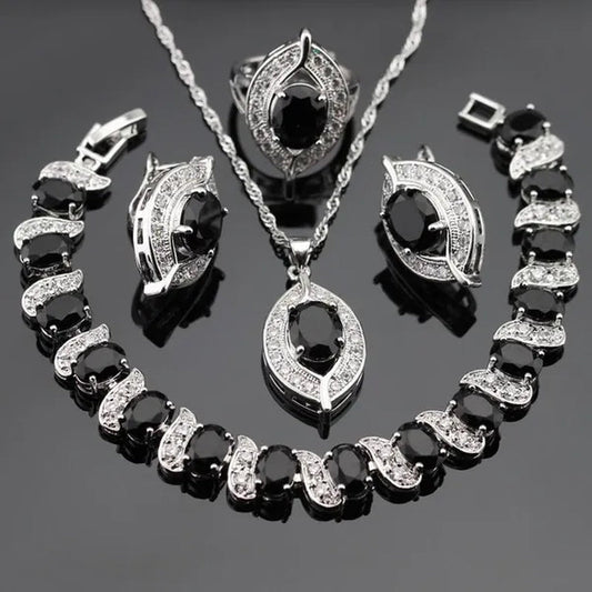925 Sliver Jewelry Sets Black Zircon White Topaz Necklace Pendant Hoop Earring Ring Bracelet For Women  Dating Gift