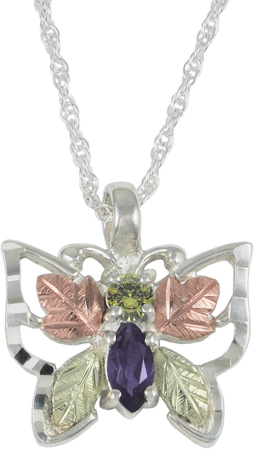 925 Sterling Silver, 12K Green and Rose Gold Peridot and Amethyst Butterfly Necklace for Women 18 Inches