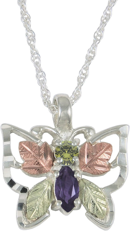 925 Sterling Silver, 12K Green and Rose Gold Peridot and Amethyst Butterfly Necklace for Women 18 Inches