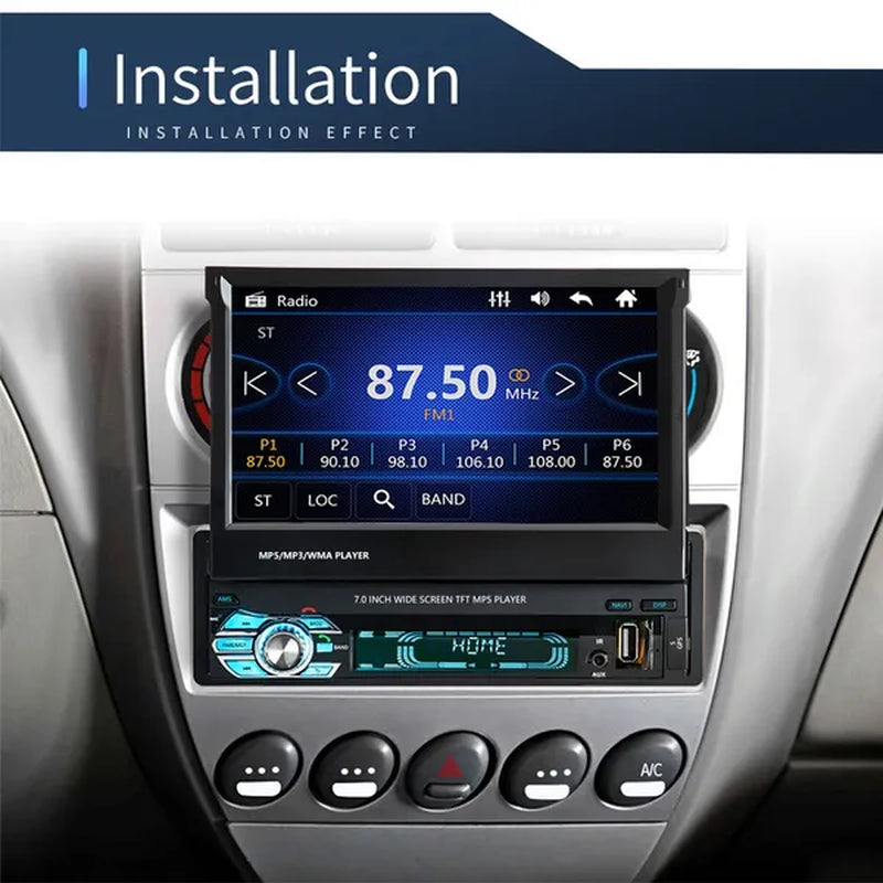 7Inch HD Retractable Touch Screen 1Din Car Stereo Audio Bluetooth Car Radio FM USB Support Mirror Link and Backup Camera(Optional)