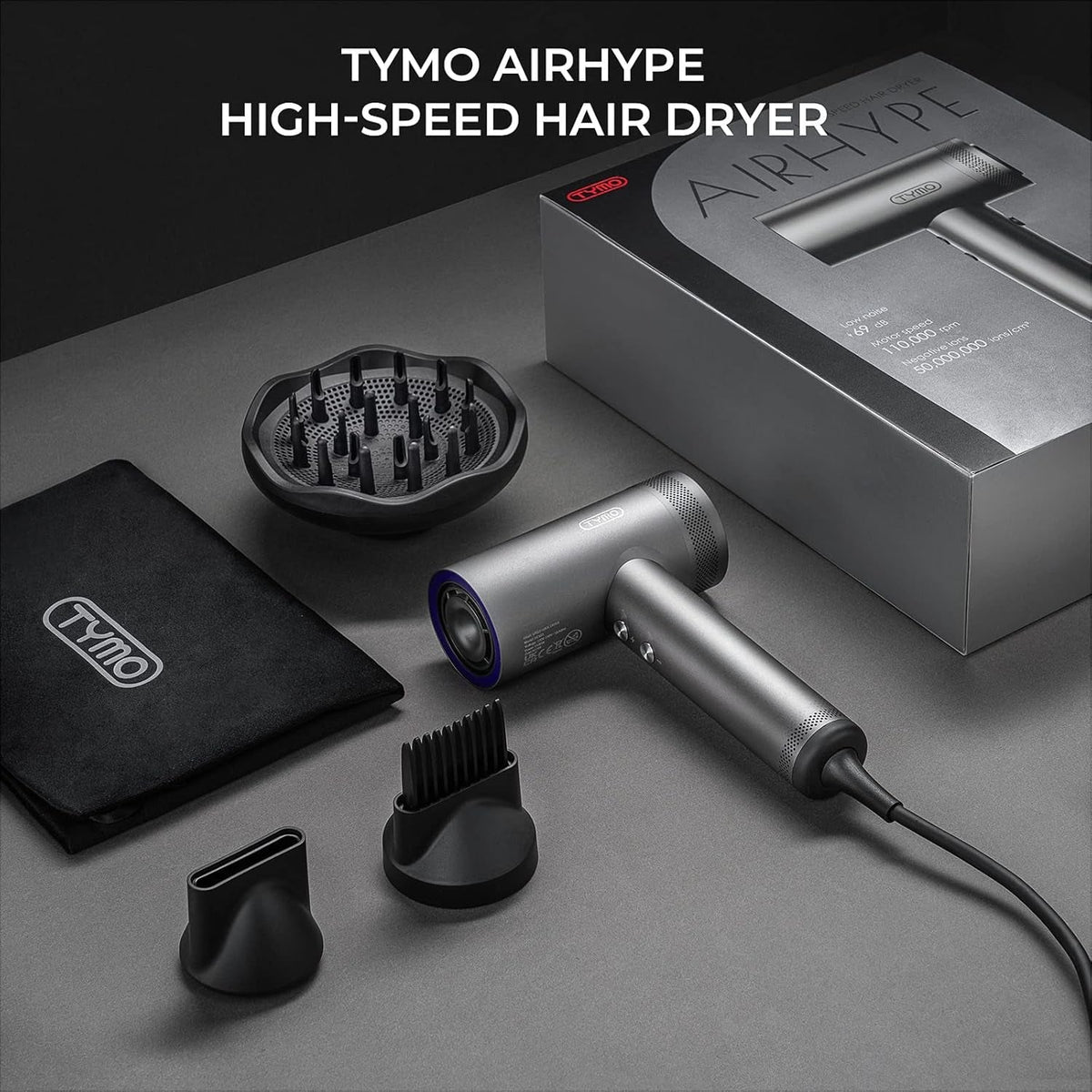 Hair Dryer, 1500W Professional High Speed Blow Dryer with Diffuser, 110,000RPM for Fast Drying, 4 Temps & 3 Speeds, HD Display