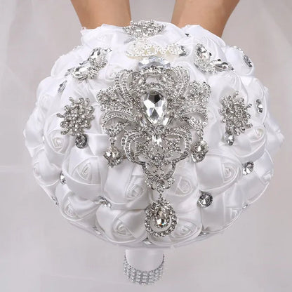 21CM Shiny Silver Rhinestone Brooch Bridal Bouquet Handmade Silk Rose Ribbon Diamond Wedding Flower Bouquet Bridesmaid Holding Flowers