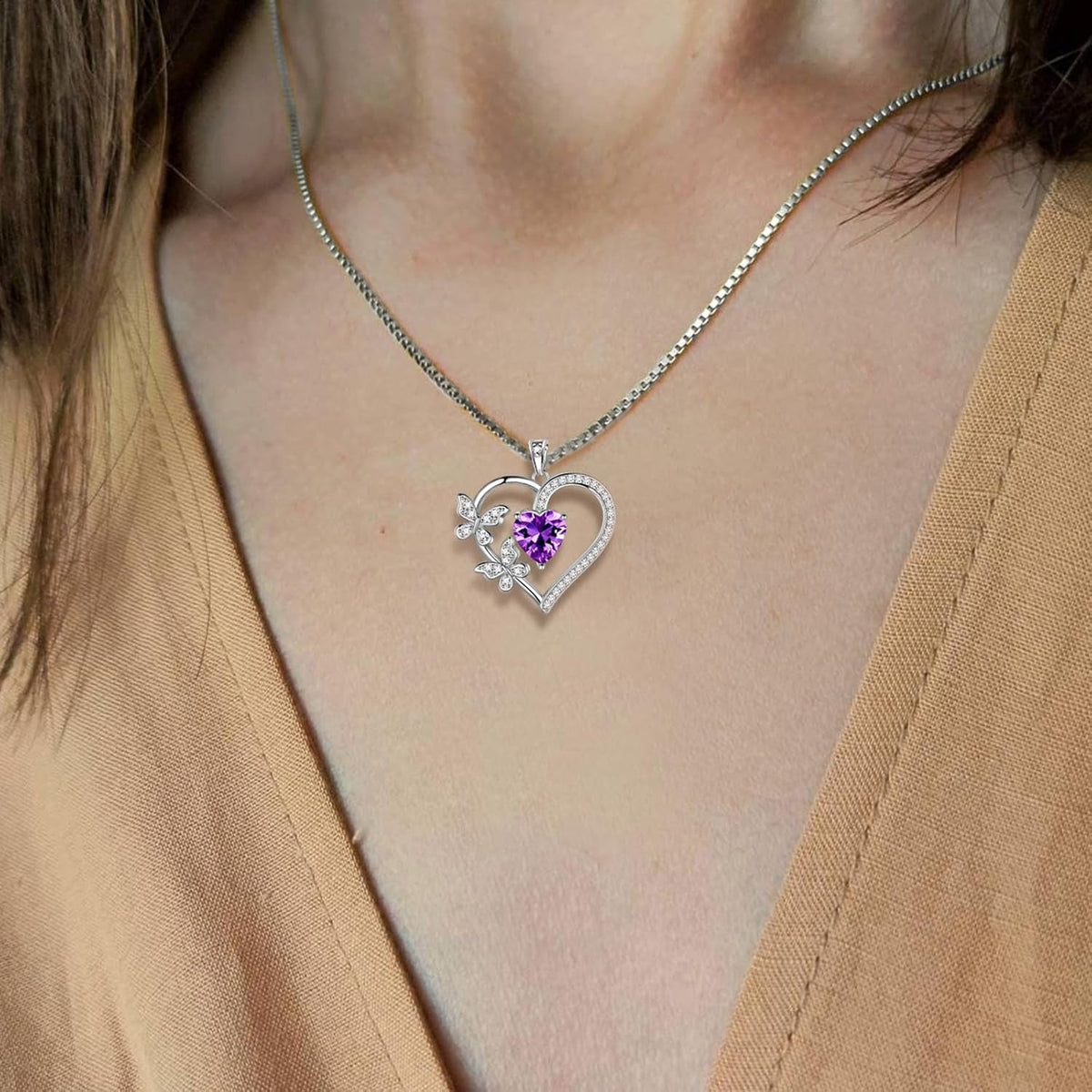 Heart Butterfly Pendant Necklace - 925 Sterling Silver Birthstone Heart Crystal Necklace Gifts for Women Jewelry Mothers Day Valentines Birthday Gifts for Girls
