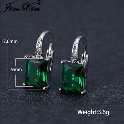 1Pair 925 Sterling Silver 14K White Gold Hoop Earrings New Fashion Rectangle Cut Green Emerald Diamond Earrings Drop Dangle Earrings Princess Gift
