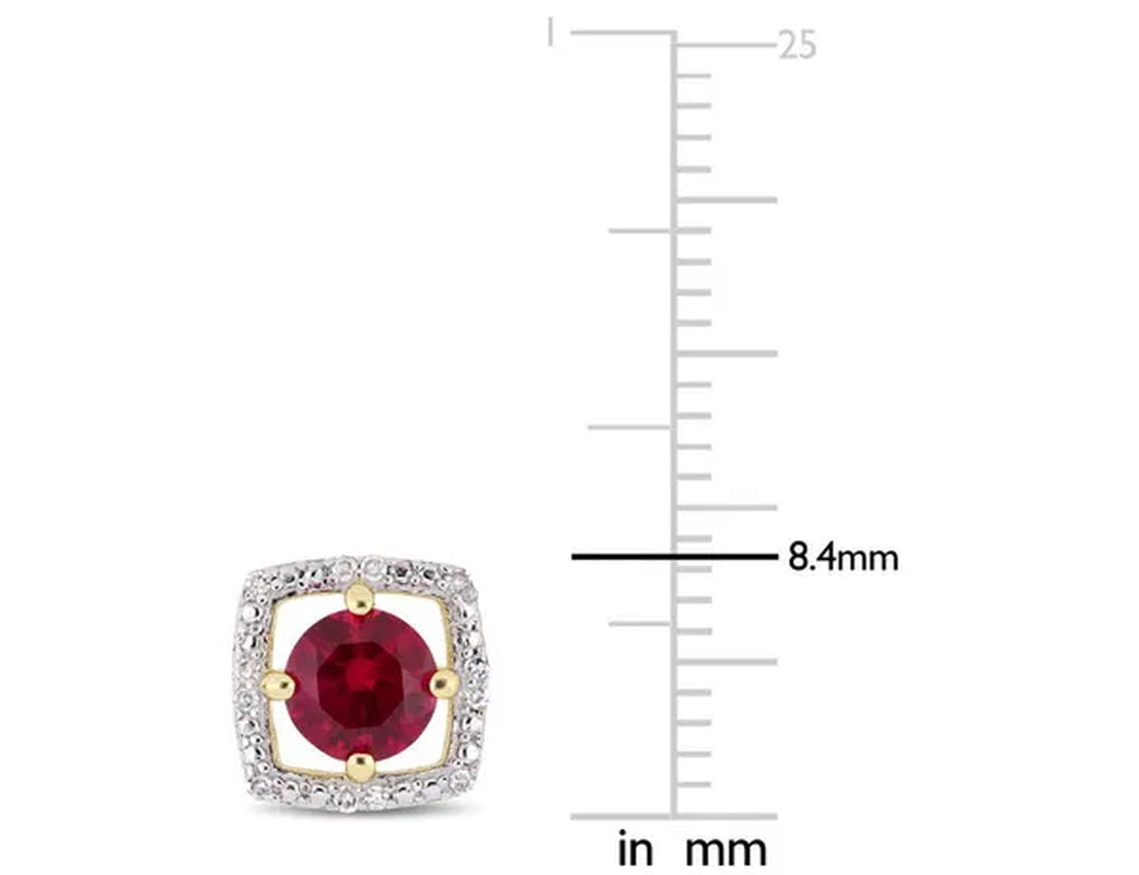 1.10 Carat (ctw) Lab Created Ruby Solitaire Halo Earrings in 10K Yellow Gold with Diamonds
