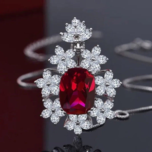 Fashion Women's 4 Prong Setting Oval Cut Ruby Pendant Side Stone Flower Lab Diamond Necklace Bridal Engagement Necklace Jewelry