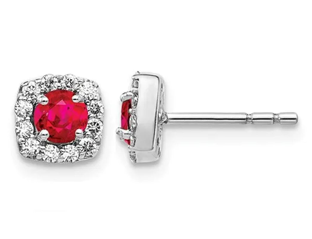 2/5 Carat (ctw) Natural Ruby Post Halo Earrings in 14K White Gold with 1/5 Carat (ctw) Diamonds