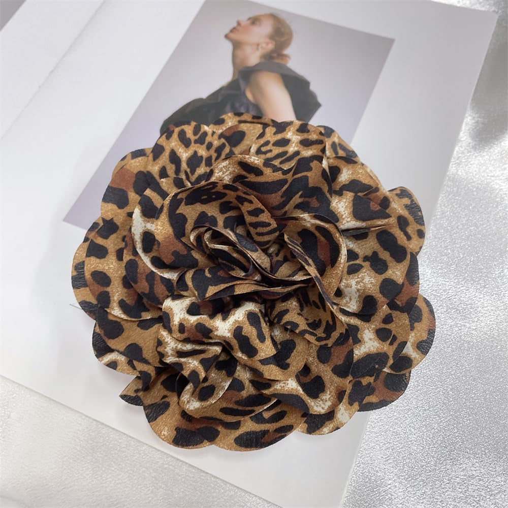 Dainty Fabric Leopard Rose Flower Large Brooch Lapel Pins Handmade Flower Brooches Pin Classic for Women Wedding Party Dance Banquet Dress Suit Clothes Accessories Jewelry Gifts 140Mm