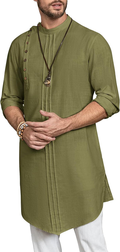 Mens Kaftan Thobe Long Sleeve Robe Gown Casual Cotton Linen Button Muslim Shirt