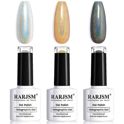 Holographic Gel Nail Polish Set 3PCS Rose Gold Pink Purple Gorgeous Glossy Soak off Nail Gel with Glitter Mermaid Unicorn Effect Lamp Curing Required for Nail Art Design Manicure Salon DIY at Home
