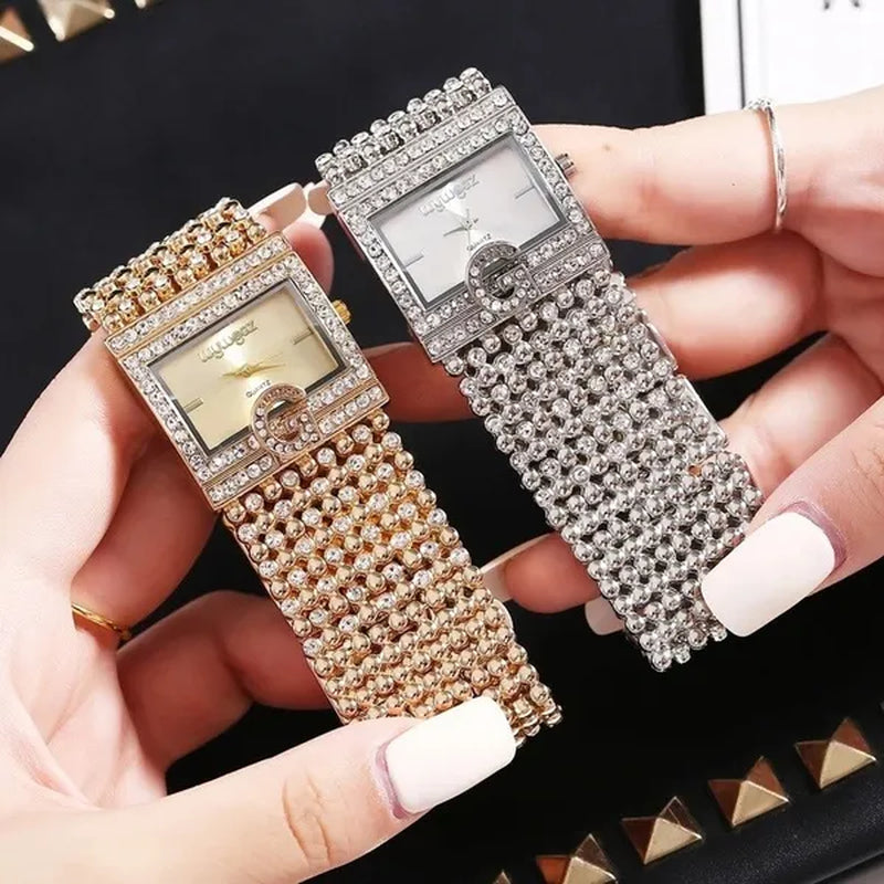 Lucky Bracelets Luxury Ladies Wrist Watch Fashion Full Diamond Gold Stainless Steel Rectangular Female Quartz Watch