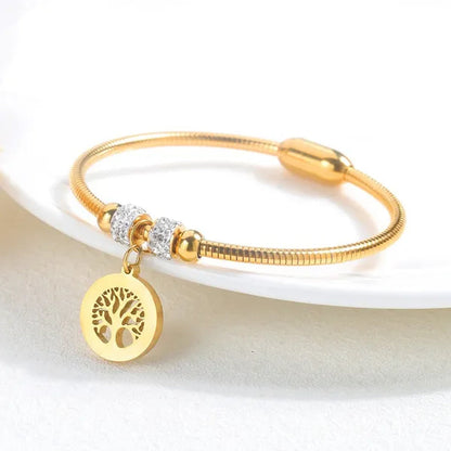 Gold Plated  Tree of Life Bangle Bracelet Women Stainless Steel Family Tree Charm Bracelets with AAA Rhinestones & Magnetic Buckle