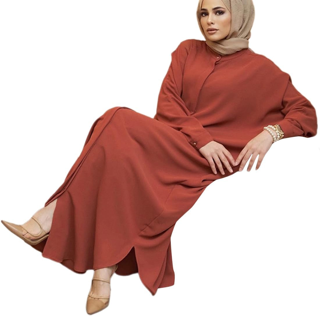 Muslim Dresses for Women Abaya Button down Henley Shirt Prayer Dress Batwing Long Sleeve Middle East Arabian Robe