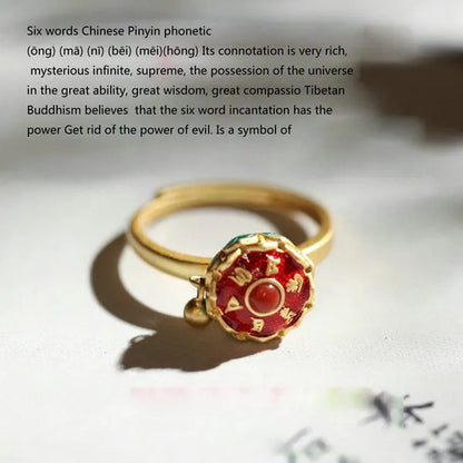 Buddhism Lotus Rotating Ring Buddhist Tibetan Prayer Wheel Mantra Finger Ring YVO