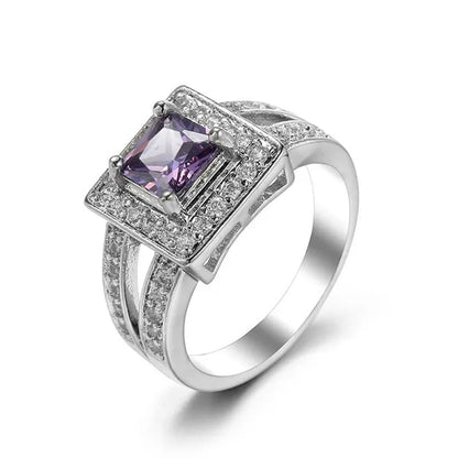 Trendy Silver Color Classic Purple Zircon Women's Ring Bridal Wedding Anniversary Christmas Gift Beach Party Jewelry Size 6-10 Bague Femme