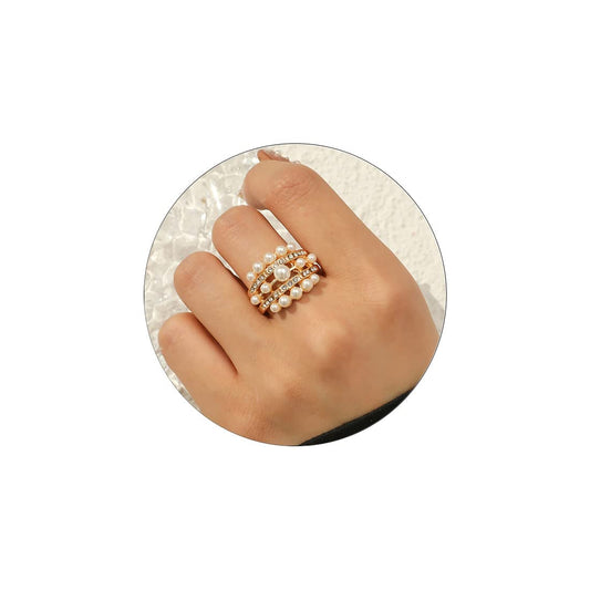 Handmade Pearl Ring Stacking Pearl Statement Rings Adjustable Open Pearl Full Finger Ring Trendy Personality Pearl Cluster Jewelry for Women (C)