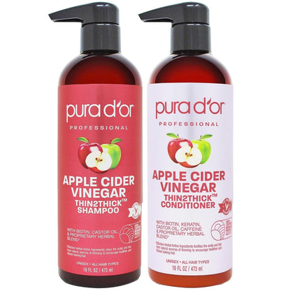Apple Cider Vinegar Thin2Thick Set (16Oz X 2) ACV Shampoo & Conditioner, Clarifying - Biotin, Keratin, Caffeine, Castor Oil, Aloe - All Hair Types, Men & Women (Packaging May Vary)