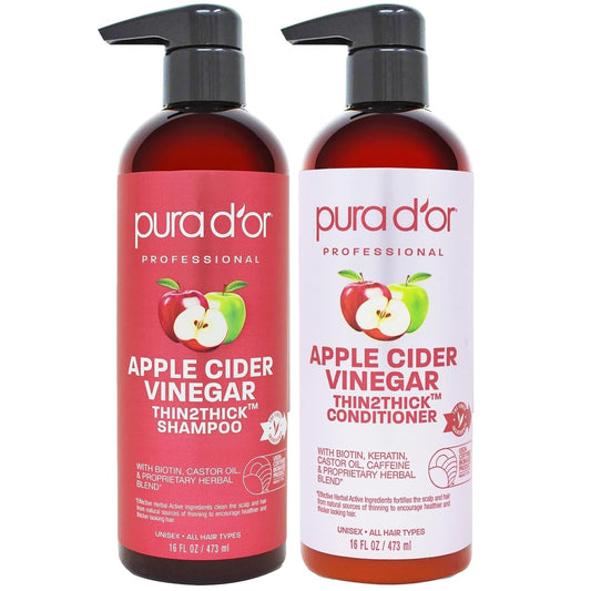 Apple Cider Vinegar Thin2Thick Set (16Oz X 2) ACV Shampoo & Conditioner, Clarifying - Biotin, Keratin, Caffeine, Castor Oil, Aloe - All Hair Types, Men & Women (Packaging May Vary)
