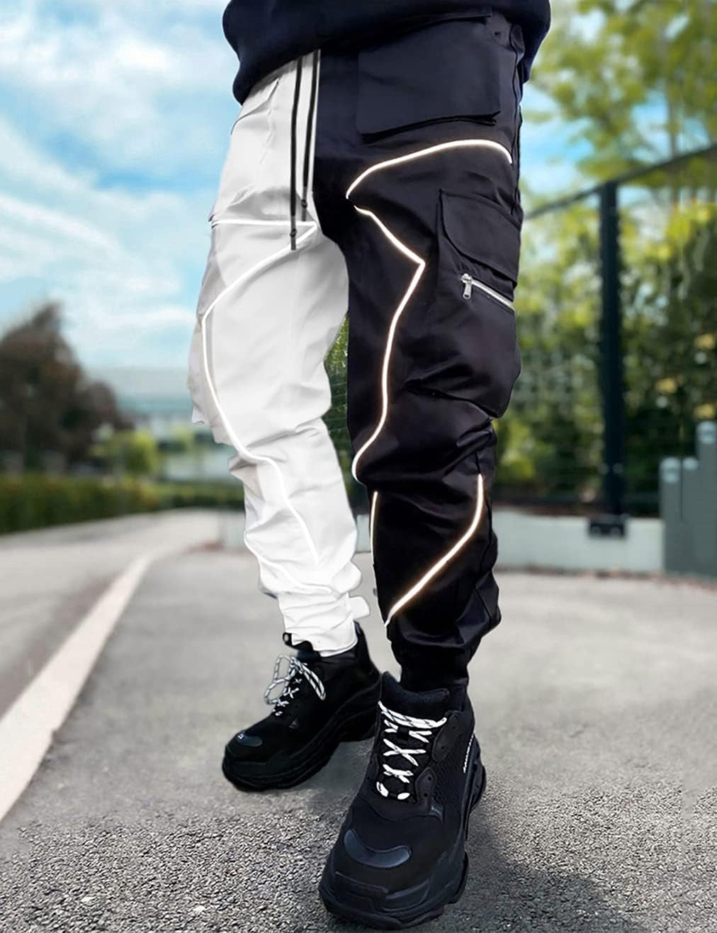 Mens Cargo Pants Hip Hop Techwear Harem Pant Jogger Sweatpants with Pockets Jogging Punk Black/White XL