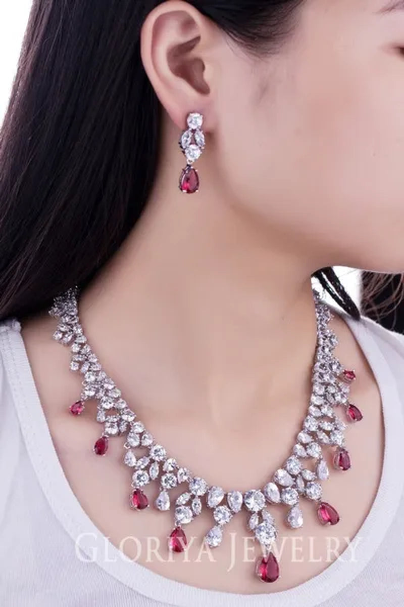 Gloriya Luxury Wedding Bridal Party Jewelry Set For Women White Gold Plated Red Cubic Zirconia Tear Drop Earrings Necklace Sets