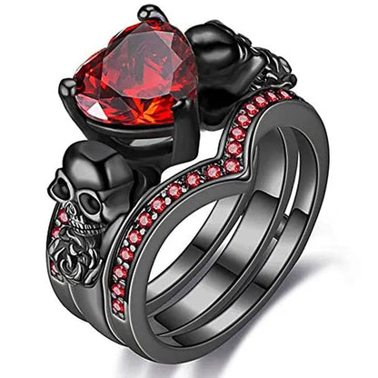 Gothic Skull Black Rings Set Women Rose Flower Red Purple Heart Love Zircon Crystal Christmas Anniversary Jewelry
